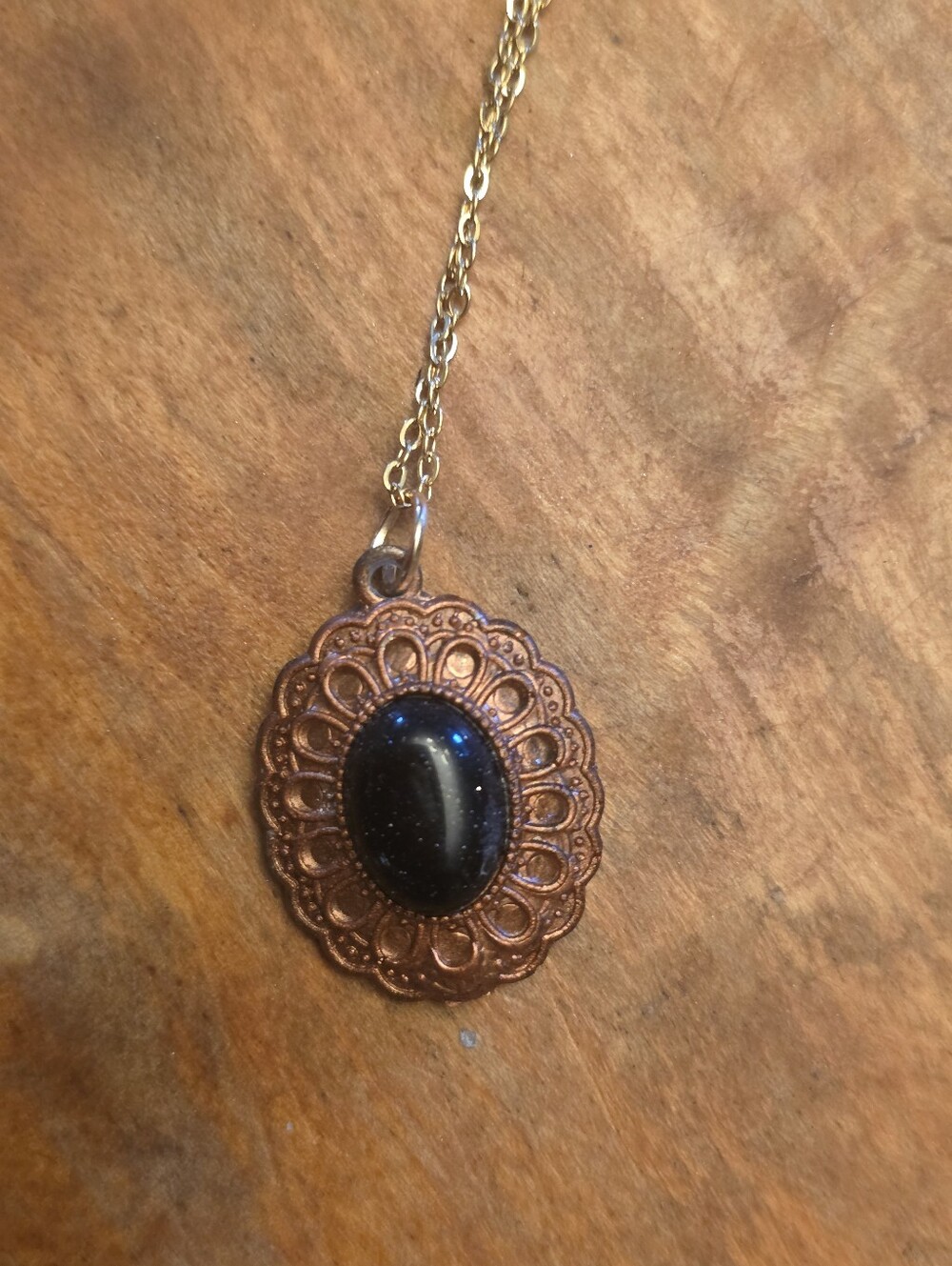 Obsidian? Gemstone With Copper Resin Frame On Gold Tone Chain Necklace